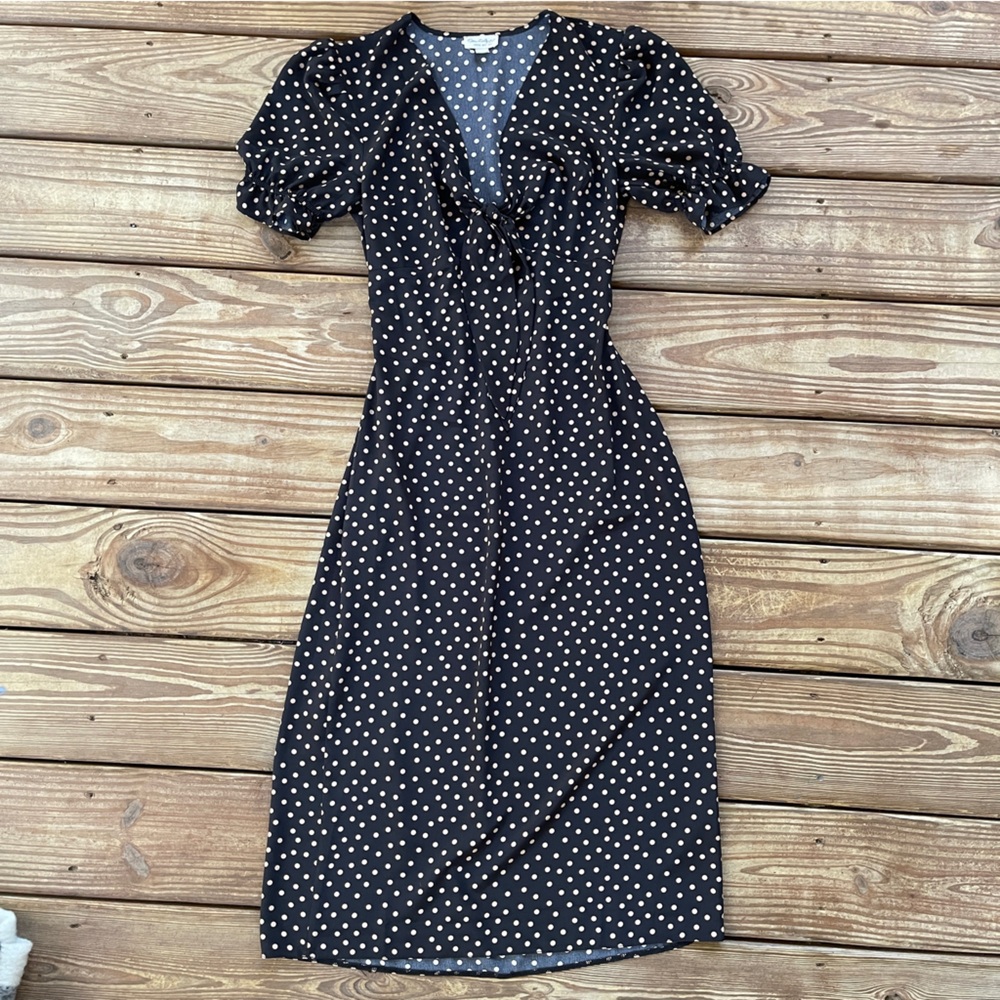 Miss Selfridge Polka Dot Midi Dress Black Cream Tie Front Puff Sleeve EU 34 US 2